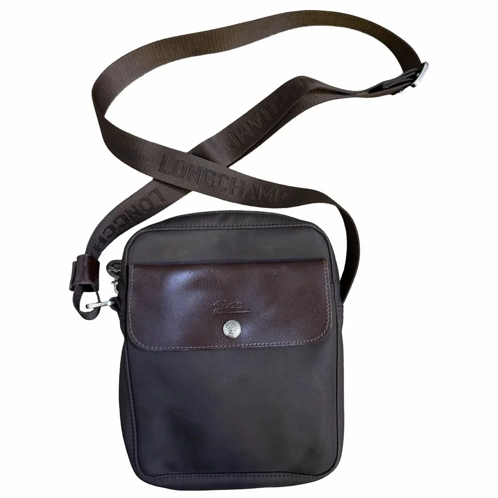 Longchamp Brown Nylon Crossbody Bag. Logo Strap. Leather Flap‎